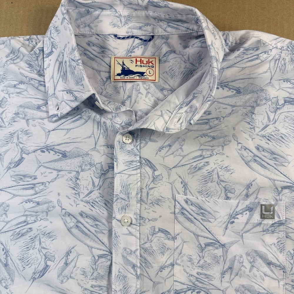 Huk Fishing Fish Print Button Down Shirt Performance Short Sleeve Mens Large